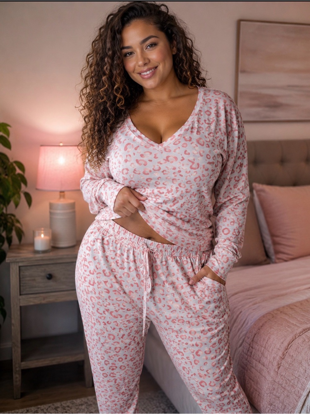 SEXY Pink Leopard Print V-Neck Pajama joggers, size large